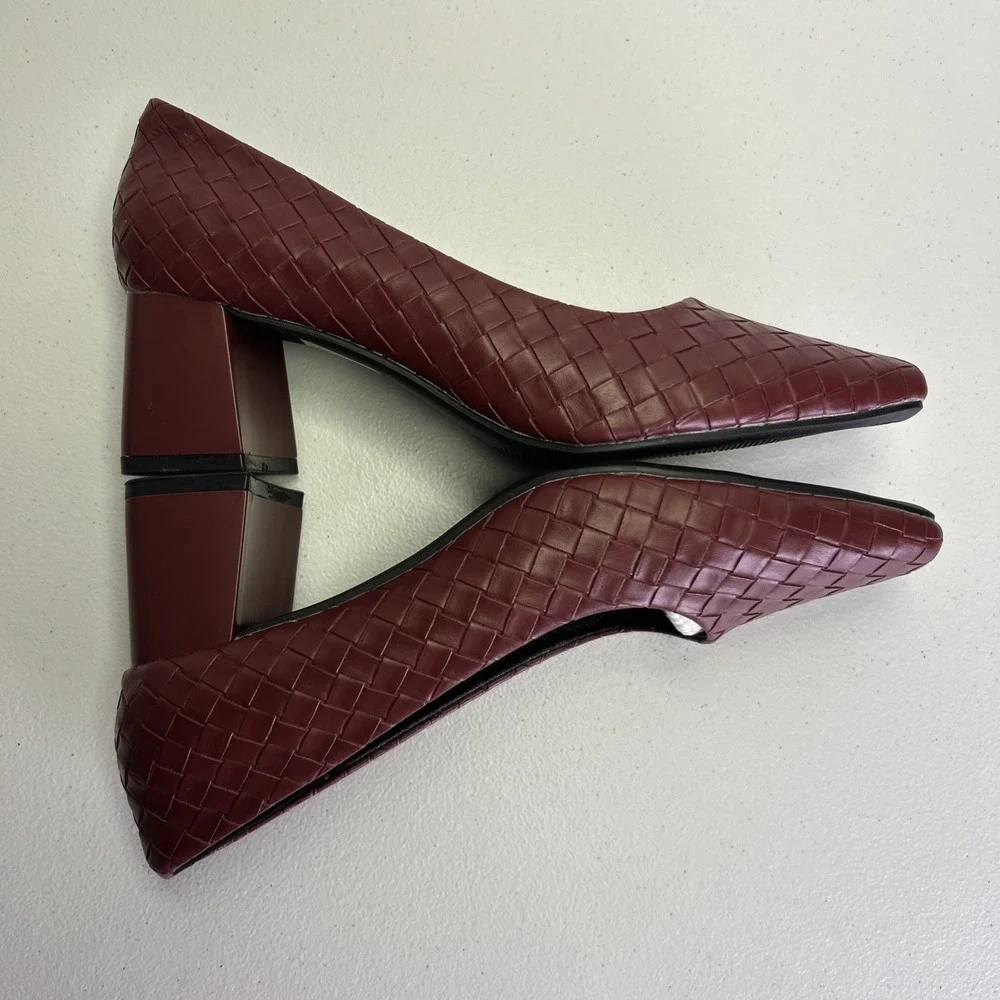 NEWBELLA Women's Woven Square Toe Block Heel Pumps Burgundy Wine Red Size 9 NIB